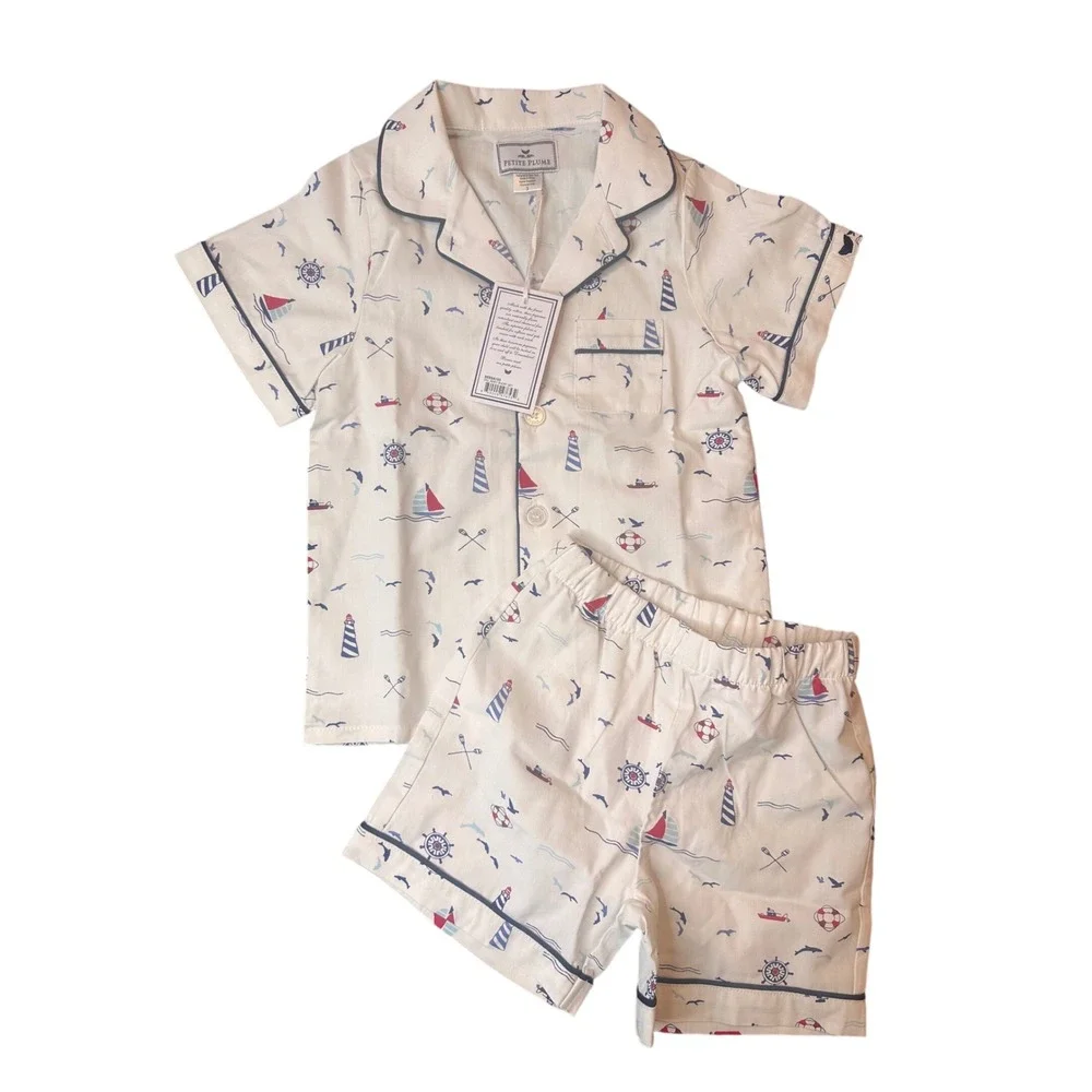Petite Plume Boys Sail Away Short Set Pajamas Nautical Lighthouse White Size 3